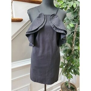 My Story Women's Solid Black Linen & Cotton Strappy Ruffle Cocktail Dress Size M